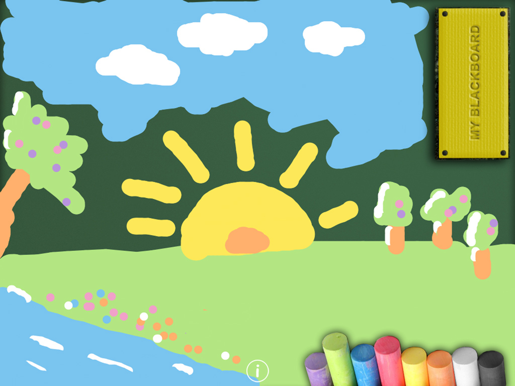 Chalkboard for iPad - A colorful landscape drawing on a digital chalkboard featuring a sun, trees, and sky with chalk pieces at the bottom.
