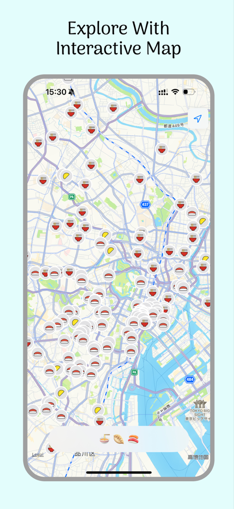 Interactive map interface showing top rated restaurants in Japan with food category icons