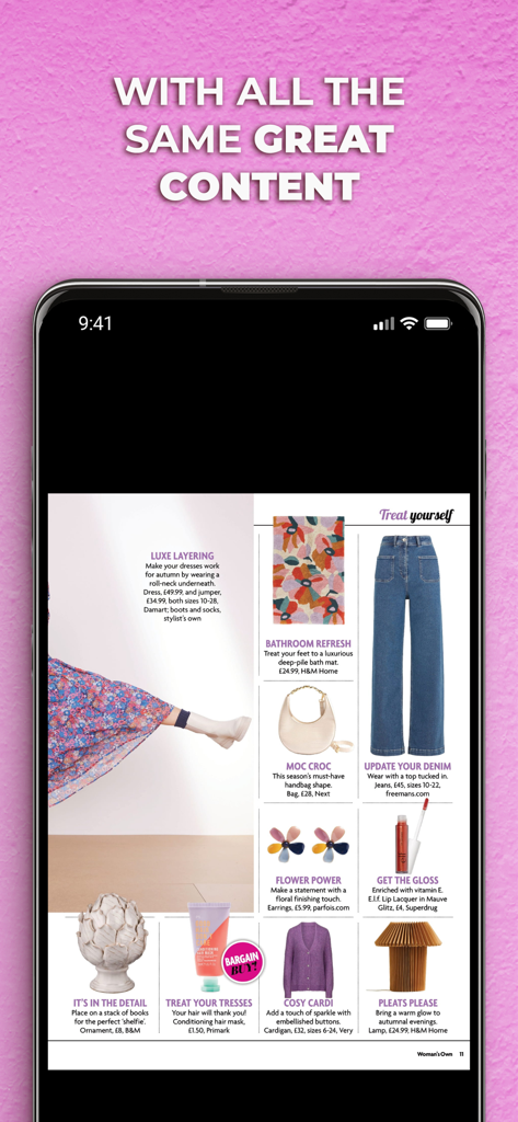 Smartphone screen showing fashion and home decor recommendations in the Womans Own Magazine app.