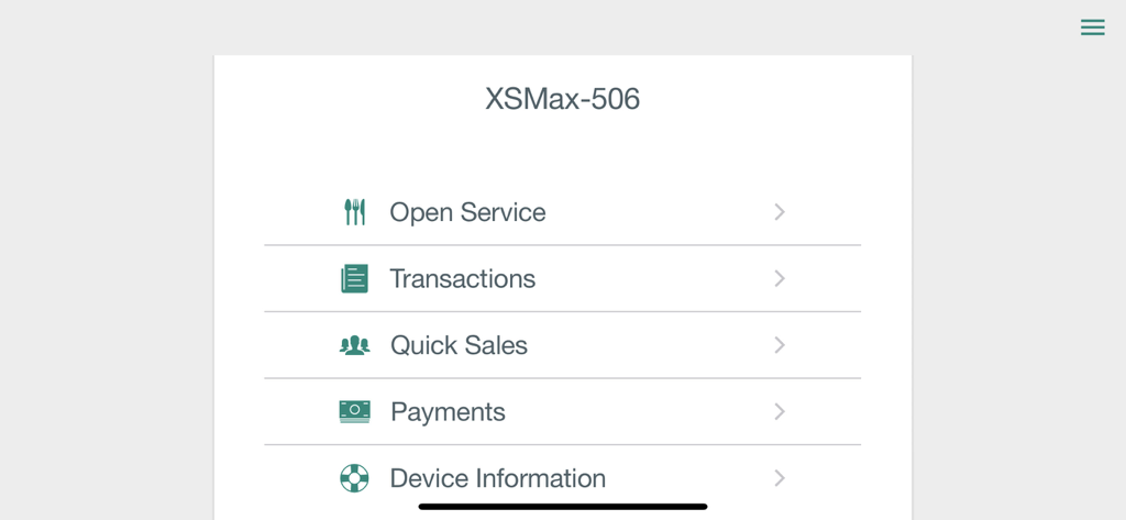 Main menu interface of ExpressPoint mobile POS for school nutrition programs showing options for service and transactions.