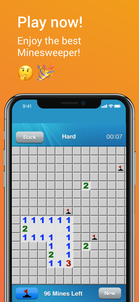 Minesweeper mobile game interface showing a hard difficulty puzzle board