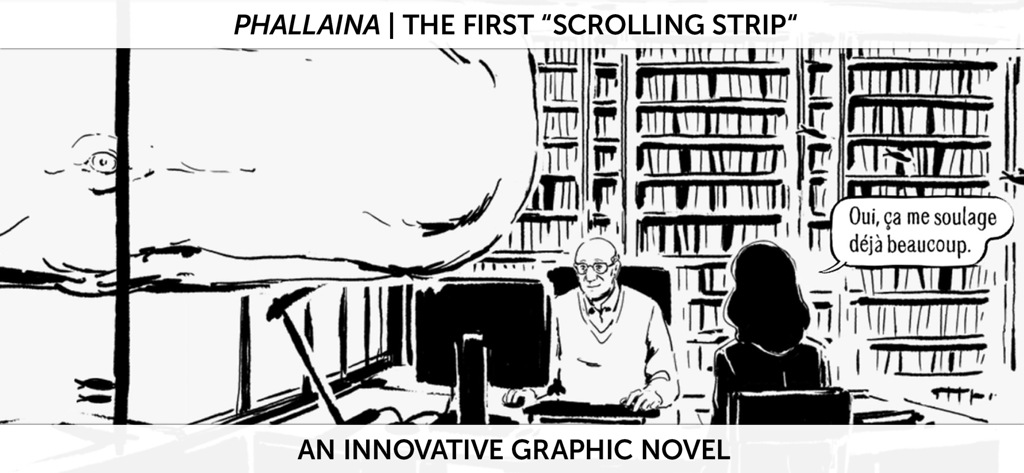 Schwarz-Weiß-Illustration aus Phallaina, die einen riesigen Wal zeigt, der in einem Raum mit einem Arzt und einem Patienten erscheint.