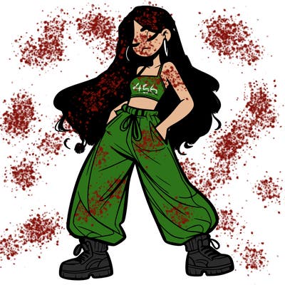 girl in baggy pants crop top and long hair