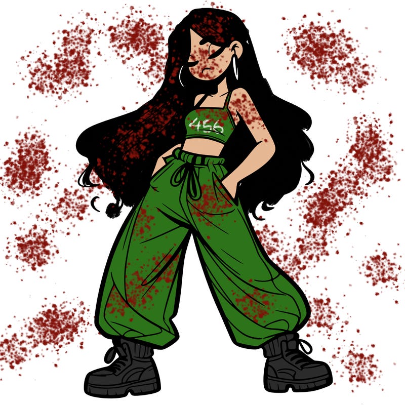 girl in baggy pants crop top and long hair