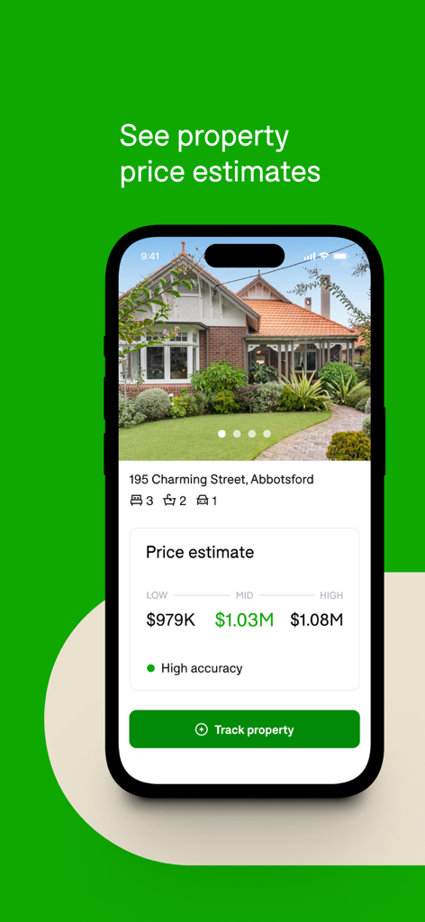 Domain app screen displaying property price estimates and accuracy ratings