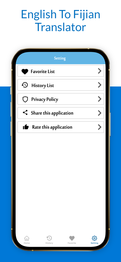 English To Fijian Translator - Settings menu of the English to Fijian Translator app with options for favorites and history.