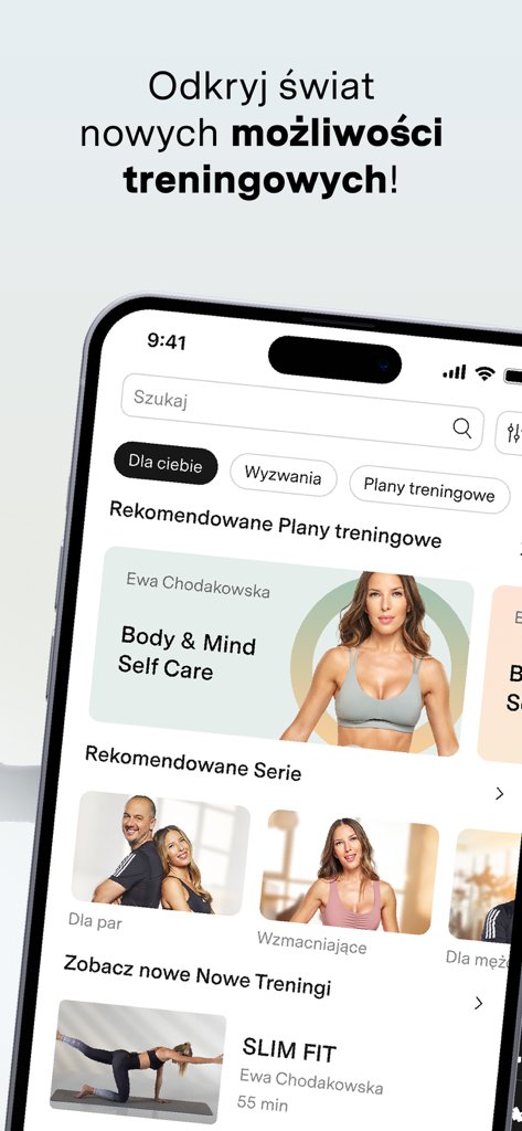 BeActiveTV mobile app interface displaying recommended training plans and workout series in Polish