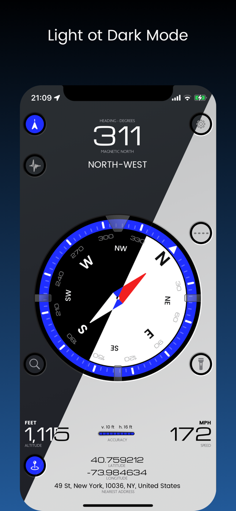 iTools app screenshot displaying a digital compass with altitude and speed tracking in a split light and dark mode interface