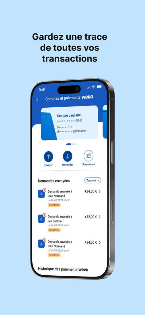 Crédit Mutuel Pay virements - Interfaccia dell'app Crédit Mutuel Pay che mostra un elenco di richieste di pagamento in sospeso e cronologia delle transazioni