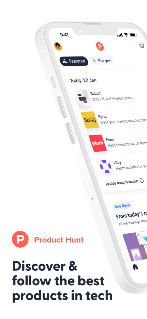 Product Hunt - Interfaz de la aplicación Product Hunt mostrando una lista de lanzamientos de nuevos productos tecnológicos