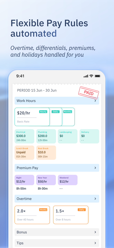 ShiftFlow app screen showing automated payroll rules with overtime, premium pay, and hourly rate calculations for small business teams.