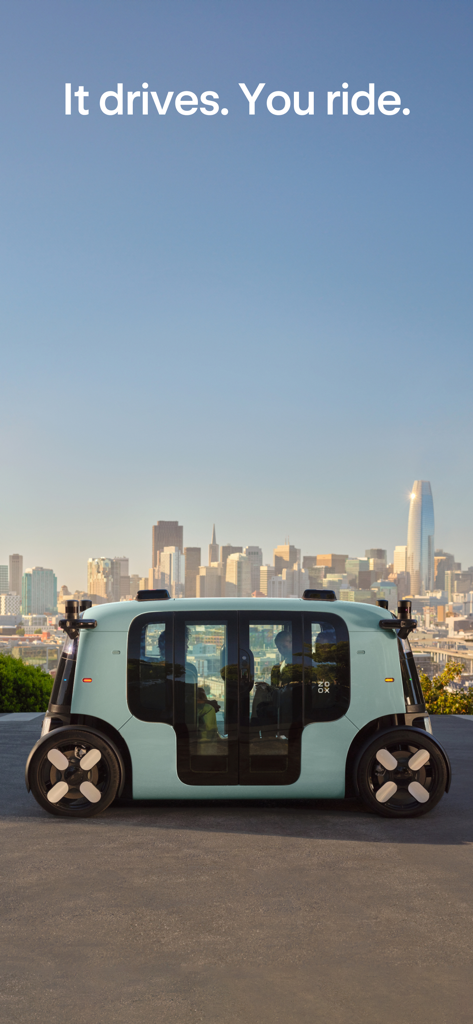 Zoox - A light green Zoox robotaxi parked in front of a city skyline with the text It drives You ride