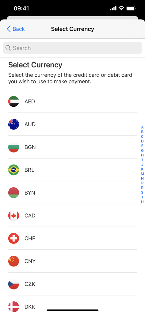 Una lista de monedas internacionales con banderas para la selección de pago en la aplicación Octopus for Tourists