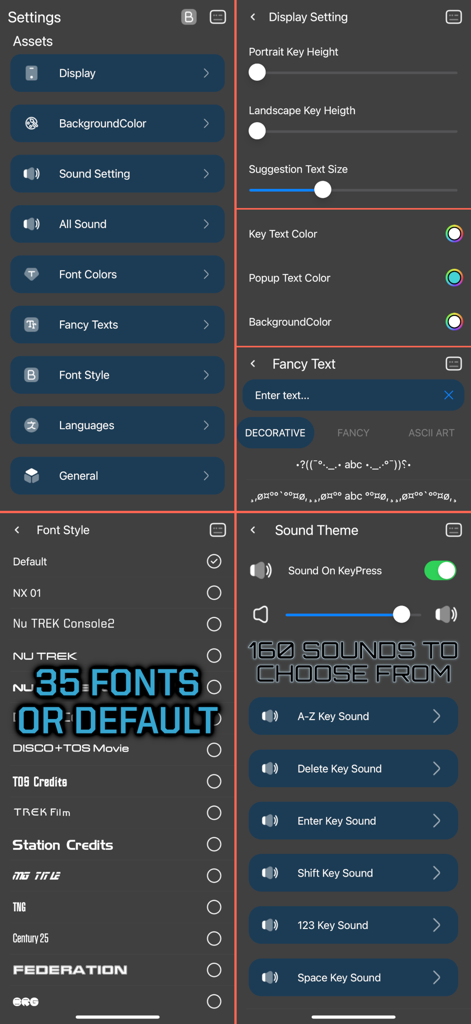 Sci-Fi Keyboard - Screenshots of the Sci-Fi Keyboard app showing settings for custom fonts sounds and display options