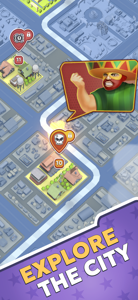 SWAT 2: Hero Squad - Una mappa tattica della città dall'alto in SWAT 2 Hero Squad che mostra i segnaposto dei livelli e la fumetta di un personaggio nemico