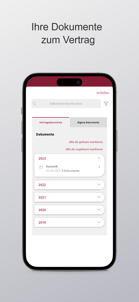 fin4u - Captura de tela do aplicativo fin4u mostrando a pasta de documentos de seguro digital com contratos organizados por ano
