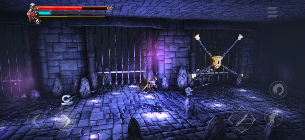 A character running through a dark stone dungeon in the Grimvalor action platformer game with a large golden lock in the background