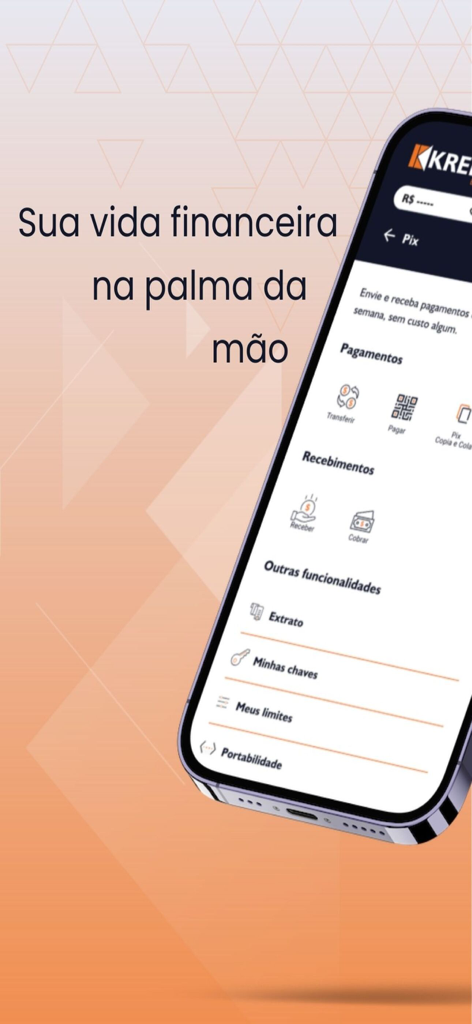 Kredit - Smartphone mostrando la interfaz de la aplicación bancaria Kredit con opciones de pago y recepción de Pix en portugués.