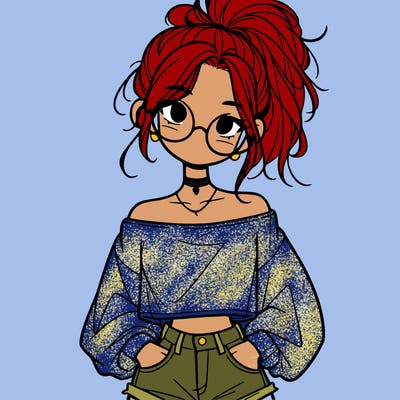 girl with a messy ponytail glasses a baggy crop top and jean shorts