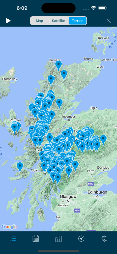 Hill Lists - A terrain map of Scotland within the Hill Lists app showing numerous blue pins marking hill and mountain locations
