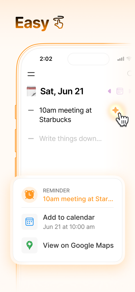 Twos: Get Things Off Your Mind - Twos app interface showing AI converting a note into a calendar event and map link