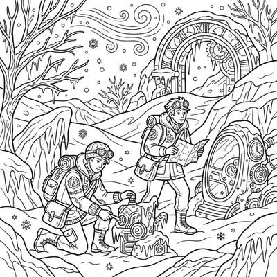 Embark on an epic coloring quest with two intrepid Time Travelers navigating a breathtaking Winter Wonderland. This intricate design merges steampunk adventure with frosty landscapes, promising hours of creative fun for all ages.
