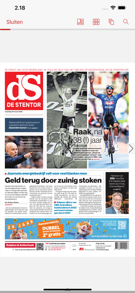 De Stentor - Digitale krant - Réplica digital da primeira página do jornal De Stentor num dispositivo móvel.