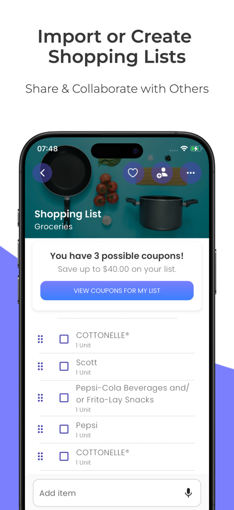 A mobile screen showing a grocery shopping list with available coupons in the ScanLife PowerShopper app