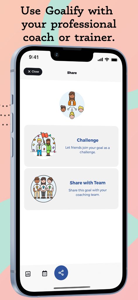 Habit Tracker by Goalify - Goalify app screen showing options to share goals with professional coaches and join team challenges