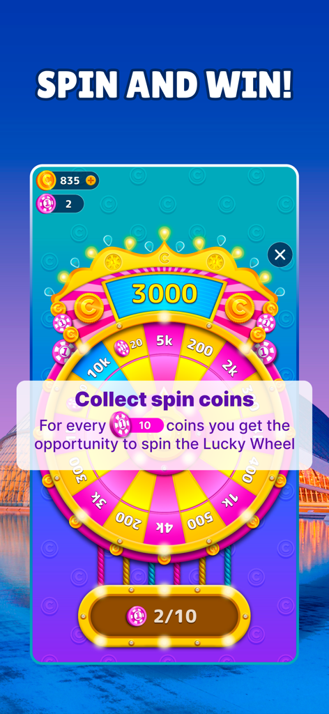 Word Maker - Puzzle Game - Función de la Rueda de la Fortuna en el juego de puzles Word Maker mostrando giros y recompensas de ganancias y monedas de giro coleccionables