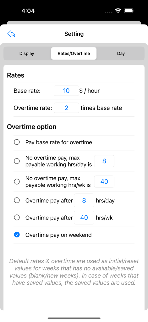 Pantalla de configuración para configurar las tarifas base y las reglas de pago de horas extra en la aplicación Calculadora de Salarios.