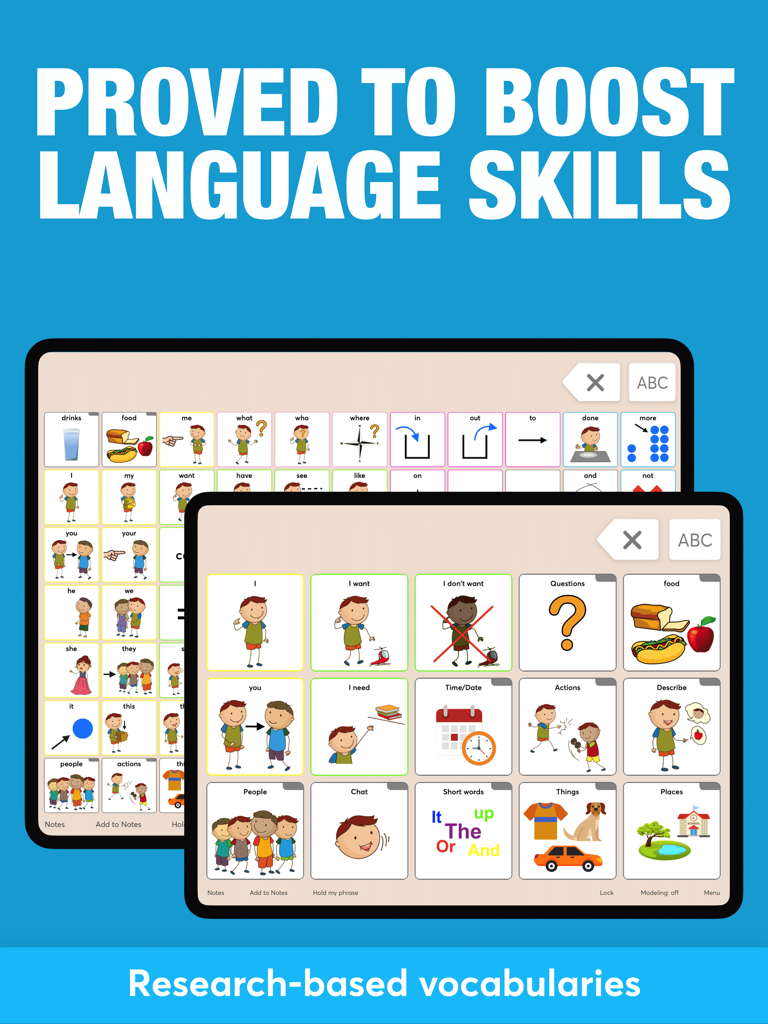 Fluent AAC: Communication App - Two tablets displaying the Fluent AAC communication app interface with research-based vocabulary and picture icons.