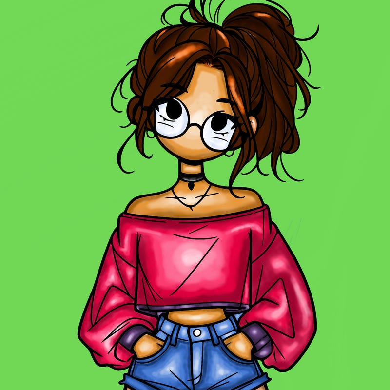 girl with a messy ponytail glasses a baggy crop top and jean shorts