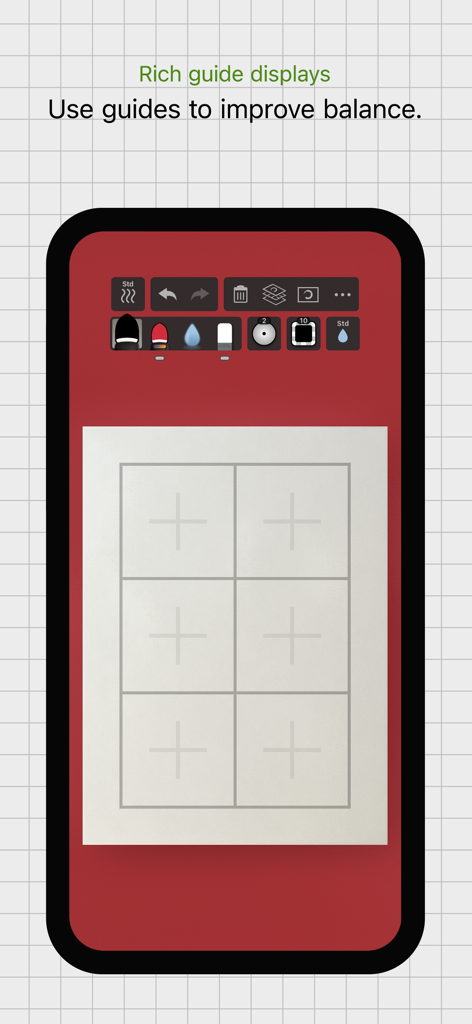 A smartphone showing the Zen Brush 3 app interface with a grid guide on a white canvas to help improve composition and balance.