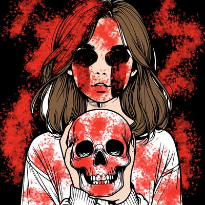 realistic girl holding a skull