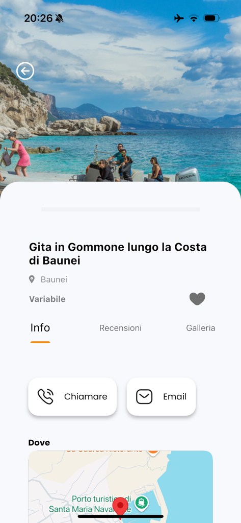 Heart of Sardinia - Heart of Sardinia app screen displaying details for a rubber boat excursion along the Baunei Coast