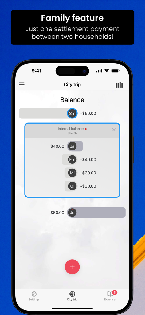 Cashinator - Split the bills - Interface do aplicativo Cashinator exibindo o recurso de acerto familiar com saldos individuais