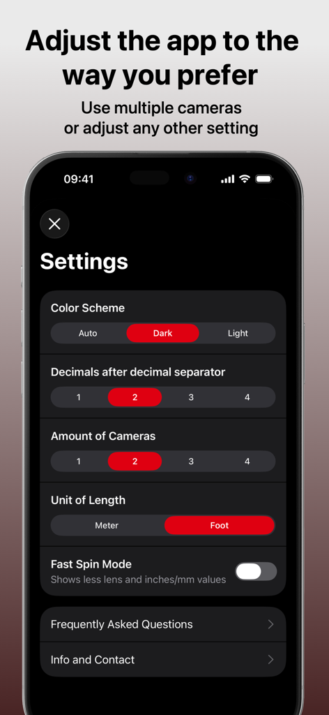 Das Einstellungsmenü der Simple DoF Rechner App auf einem Mobiltelefon zeigt Anpassungsoptionen für Dunkelmodus, Einheiten und Kameraanzahl.