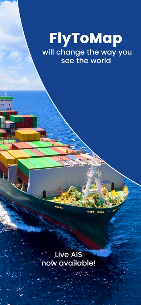 AIS Maps: Marine & Lake charts - FlyToMapのプロモーション画面。大型貨物船とライブAISの告知が表示されています。