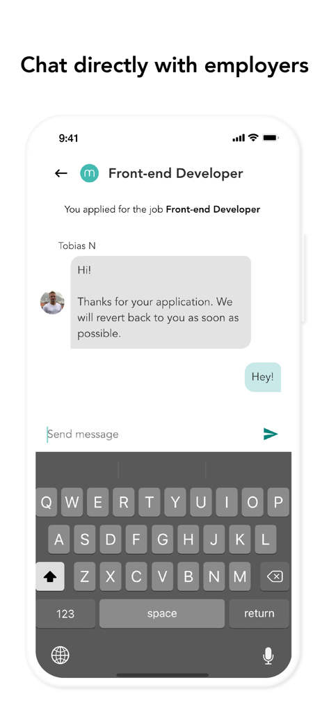 Interface de chat no aplicativo Mojob mostrando uma conversa direta com um empregador sobre uma candidatura de emprego para desenvolvedor front end