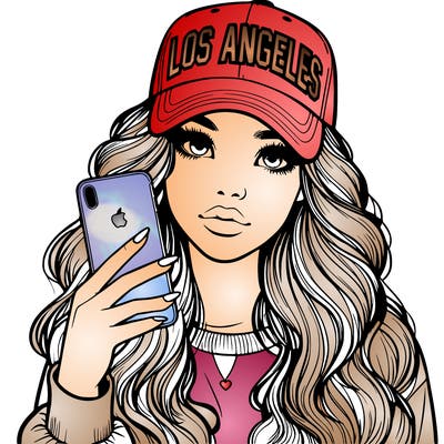 realistic beautiful girl wearing los ángeles cap holding an iphone