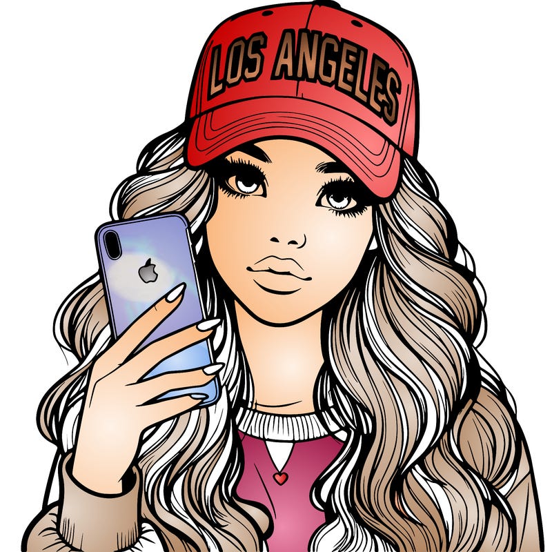 realistic beautiful girl wearing los ángeles cap holding an iphone