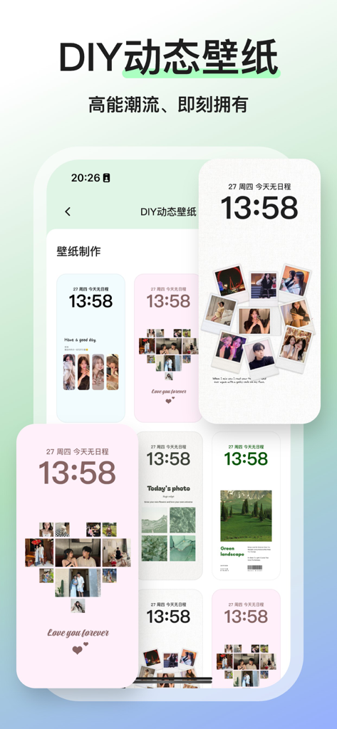 A collection of aesthetic DIY dynamic wallpaper templates for iPhone featuring photo collages and personalized layouts