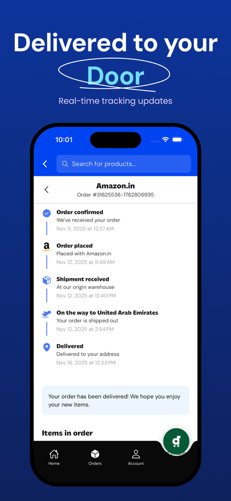 Desertcart Scout - Una captura de pantalla de la aplicación Desertcart Scout que muestra actualizaciones de seguimiento en tiempo real para un pedido internacional de Amazon India.