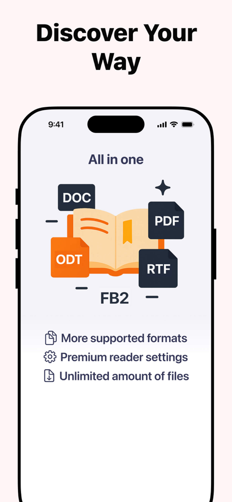 Interface do aplicativo ePub Reader destacando o suporte para múltiplos formatos como PDF, DOC e RTF.