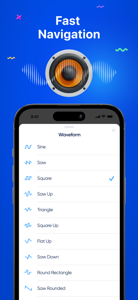 Clean Tune app interface showing waveform selection options like sine and saw for speaker cleaning.