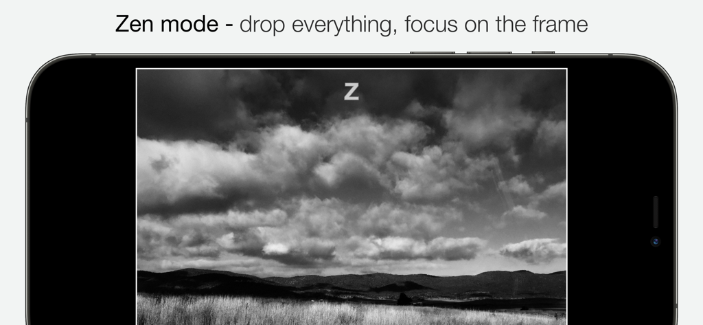 Camera1-App-Zen-Modus, der eine Schwarz-Weiß-Landschaft auf einem iPhone-Bildschirm zeigt