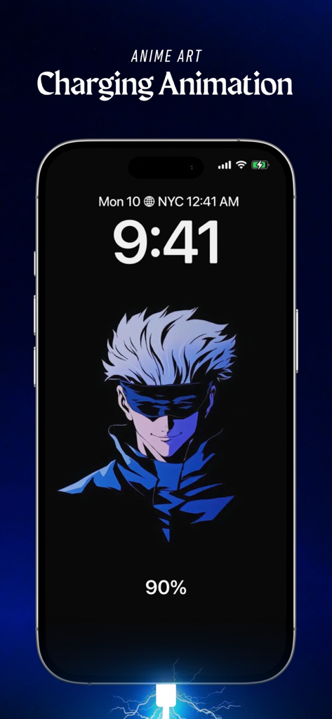 Charging Animation - Chimomo - Tela do iPhone exibindo uma animação de carregamento de arte de anime legal de um personagem com cabelo azul e tapa-olho