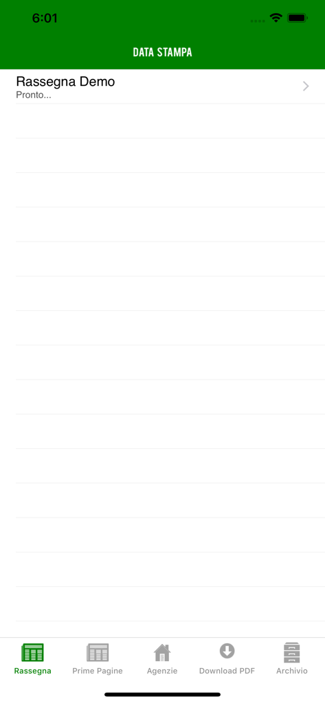 Data Stampa Mobile Anwendungsinterface, das den Presse-Übersichtsbereich und die Hauptmenüschaltflächen zeigt