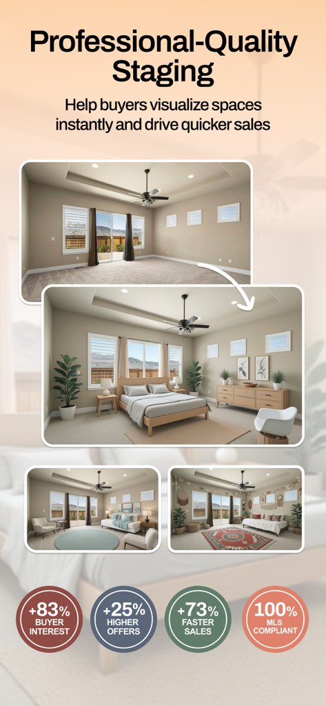 Virtual Staging AI - Stager - A before and after comparison of a virtually staged bedroom using AI with real estate market statistics